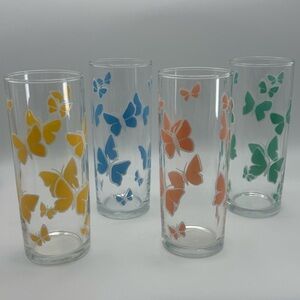 Vintage Libbey Summertime Butterfly Tall Collins Glasses Set 4 Mid Century